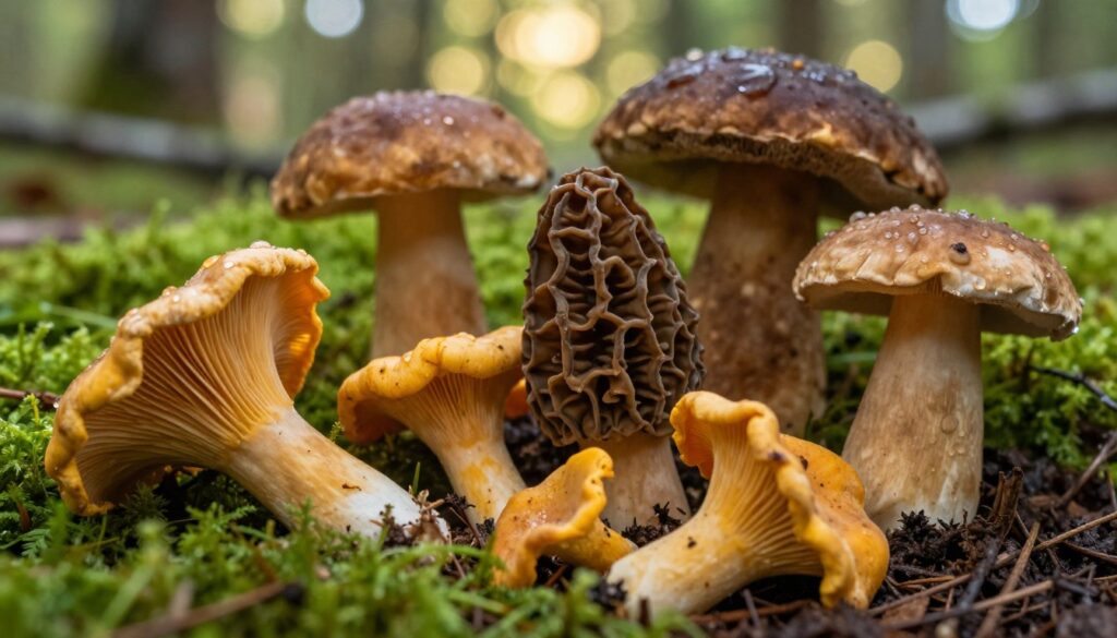 A detailed close-up of several edible mushrooms, showcasing a variety of species including chanterelles, porcini, and morels. The foreground features the rich textures and colors of the mushrooms, highlighting their caps and gills, with dew drops glistening on their surfaces. In the middle ground, lush green moss and forest soil surround the mushrooms, creating a natural, earthy feel. The background reveals a softly blurred forest setting with dappled sunlight filtering through the leaves, enhancing the atmosphere of a serene woodland. Use warm, natural lighting with a shallow depth of field for a soft focus on the mushrooms, emphasizing their shapes and details. The overall mood should evoke curiosity and appreciation for nature’s bounty.