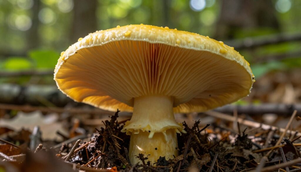 A detailed close-up shot of a "maślak żółty" mushroom, showcasing its distinctive yellow cap with a slightly sticky texture and a gentle, curved shape. The mushroom's gills are visible beneath the cap, radiating a pale yellow hue, positioned gracefully atop a bed of rich, damp forest soil. Soft morning sunlight filters through the surrounding greenery, casting gentle shadows that highlight the mushroom's features, creating a warm and inviting atmosphere. In the background, hints of blurred forest foliage add depth to the scene, emphasizing the mushroom's natural habitat. The composition should evoke an appreciation for nature's beauty, focusing solely on the mushroom without any distractions or human presence.