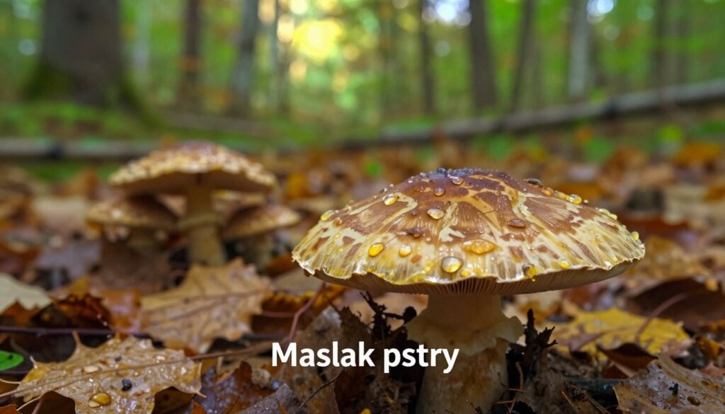 A detailed depiction of the edible mushroom, "Maślak pstry", surrounded by its natural habitat in a lush forest during the autumn season. In the foreground, close-up shots of the distinctively patterned cap of the mushroom, showcasing its warm, earthy colors of brown and yellow, with drops of morning dew glistening on the surface. In the middle ground, scattered among fallen leaves, additional mushrooms can be seen, hinting at their seasonal abundance. The background features soft, diffused sunlight filtering through the trees, illuminating the rich greens and browns of the forest floor. Capture the tranquil atmosphere of an early morning foraging scene, inviting viewers to explore the world of wild mushrooms. Use a shallow depth of field to emphasize the foreground details.