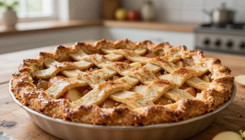A freshly baked apple pie showcasing a perfectly golden, crispy crust, with a carefully arranged lattice top. The foreground features a detailed view of the pie's crust, highlighting its flaky texture and sheen from a light egg wash. In the middle, slices of juicy, spiced apples peek through the lattice, with hints of cinnamon dusted on top, radiating warmth and inviting aroma. The background includes a softly blurred kitchen setting, with natural light streaming in from a nearby window, illuminating the pie on a rustic wooden table. The atmosphere is cozy and homely, evoking the comforting feeling of a family kitchen, ideal for baking. The scene captures the essence of a perfectly baked pie, showcasing both its beauty and texture, enticing viewers to savor every bite.