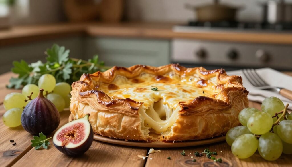 A freshly baked camembert cheese nestled in flaky golden puff pastry, oozing slightly as it is pulled apart, set against a rustic wooden table. In the foreground, vibrant seasonal fruits like figs and grapes intertwine with a sprinkle of herbs for a touch of color. The middle layer features the warm and inviting pastry, beautifully golden brown, reflecting soft, ambient lighting that highlights its texture. In the background, a cozy kitchen setting with muted tones suggests a homey atmosphere, perhaps with blurred elements like fresh herbs and serving utensils, creating a sense of comfort and warmth. The scene is shot with a warm color palette, capturing the essence of comfort food and inviting viewers to experience the deliciousness of baked camembert.