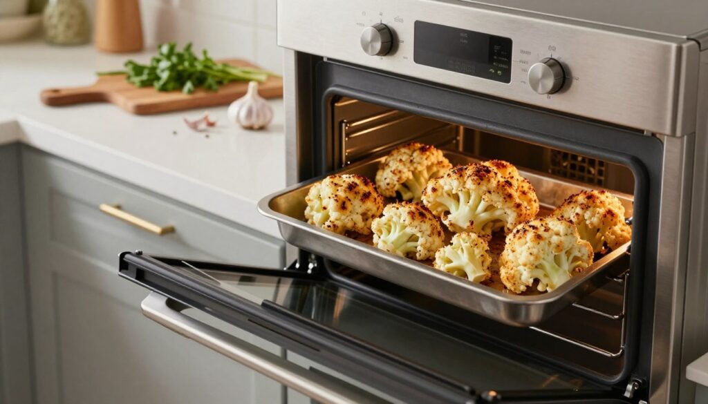 A high-quality kitchen scene featuring a modern oven in a warm, inviting atmosphere. The foreground features the oven's sleek stainless steel door partially open, showing a beautifully roasted cauliflower inside, golden and tender with spices. In the middle background, there are elegant kitchen utensils and a wooden cutting board with fresh herbs and garlic. Soft, diffused lighting creates a cozy ambiance, highlighting the textures and colors of the ingredients. The angle is slightly above eye level, providing a clear view of both the oven and the delicious cauliflower. The image conveys a sense of homely comfort, perfect for illustrating the joy of cooking simple, delicious meals.
