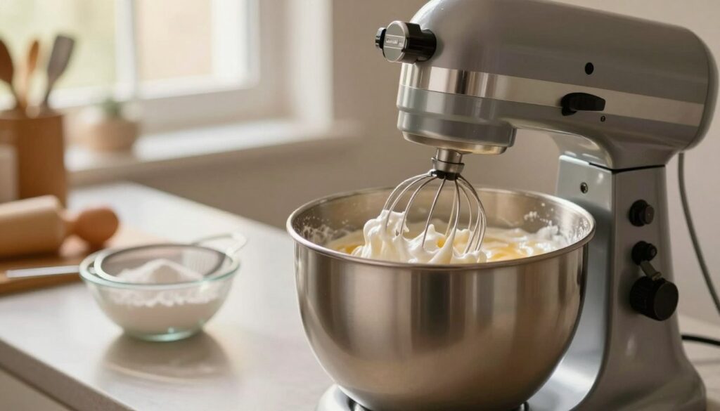 A kitchen scene showcasing a shiny, silver stand mixer in the foreground, whisking egg whites to a fluffy consistency. The mixer’s bowl reflects soft, warm overhead light, highlighting the glossy peaks of the beaten egg whites. In the middle ground, a countertop is adorned with ingredients: a bowl of sugar and a sifter, suggesting preparation for meringue. The background features a softly focused window with natural light streaming in, illuminating the cozy kitchen atmosphere. The overall mood is inviting and energetic, with a hint of anticipation for baking. Use a shallow depth of field to draw attention to the mixer while keeping the kitchen details slightly blurred. The image should embody a sense of culinary artistry and precision.