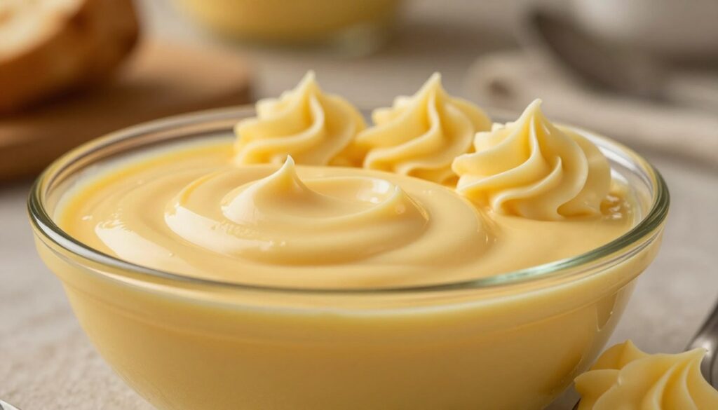 A luscious bowl of smooth, creamy custard filling, known as "krem budyniowy," elegantly displayed in a clear glass dish. The foreground features the velvety texture of the custard, glistening softly in warm, ambient light. Spoonfuls of the custard rest invitingly next to the dish, showcasing its rich yellow hue and thick consistency. In the middle ground, delicate piping of the custard forms beautiful swirls, emphasizing its creamy nature. Behind, a blurred kitchen scene with soft, warm hues creates a cozy, inviting atmosphere, suggesting a homey baking environment. The focus is sharp on the custard, allowing the viewer to appreciate its creamy allure, all under gentle, diffused lighting that enhances the smooth texture and rich colors.