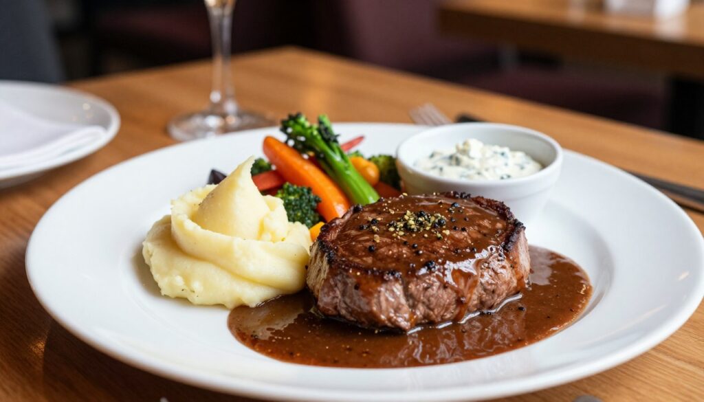 A luxurious dining table featuring a perfectly cooked steak, glistening with a rich, savory steak sauce made from black pepper and herbs. The plate is elegantly arranged with colorful sides: creamy garlic mashed potatoes, sautéed seasonal vegetables, and a small bowl of tangy blue cheese sauce. In the background, a soft-focus view of a cozy restaurant ambiance with warm lighting and wooden accents enhances the atmosphere. A hint of fresh herbs can be seen sprinkled on the steak, making it look even more appetizing. The image is captured with a slight overhead angle to highlight the dish's textures, using soft diffused lighting to create an inviting and appetizing mood.
