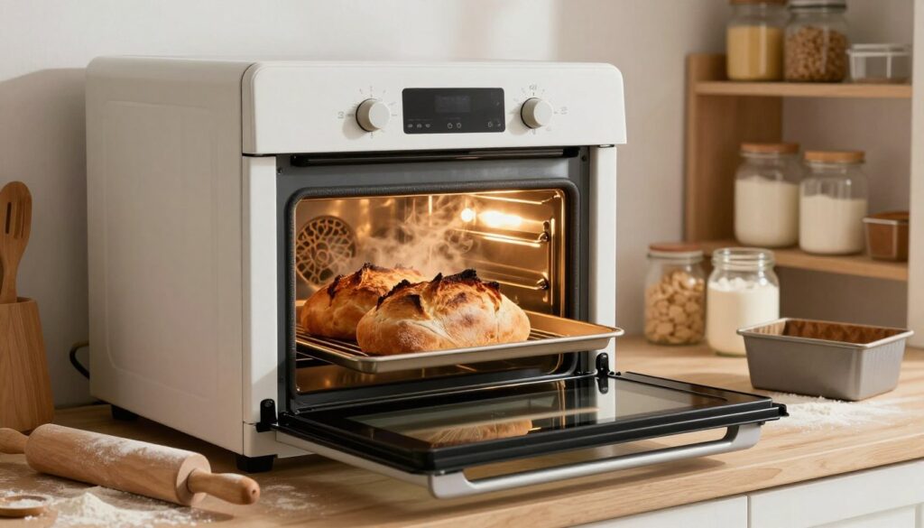 A modern kitchen scene featuring a well-designed oven, prominently displayed in the foreground. The oven door is slightly ajar, revealing steaming freshly baked bread with a perfectly crispy crust inside. Surrounding the oven are various baking tools like a wooden rolling pin, flour dusted on the countertop, and a loaf pan. Soft, warm lighting illuminates the scene, highlighting the textures of the bread and the warm tones of the kitchen. In the background, shelves filled with baking ingredients like flour and yeast are visible, creating a cozy, inviting atmosphere. The overall mood is one of warmth and inspiration, perfect for a home baking experience. Ensure the image is clean, devoid of any text overlays or distractions.