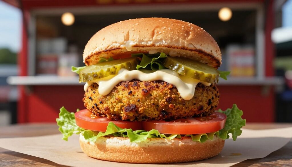 A mouthwatering burger featuring a crispy falafel patty at its center, layered with fresh ingredients. The foreground includes the burger with vibrant colors: the golden-brown falafel nestled between soft, lightly toasted whole grain buns. Surround it with slices of ripe tomatoes, crunchy lettuce, and slices of pickles. In the middle, a drizzle of creamy garlic tahini sauce adds a glossy finish. The background is a cozy food cart ambiance, with blurred lights to give a warm, inviting feel. Natural sunlight spills onto the scene, highlighting the textures and colors. Use a shallow depth of field to emphasize the burger while softly blurring the background, creating a tempting, delightful atmosphere.