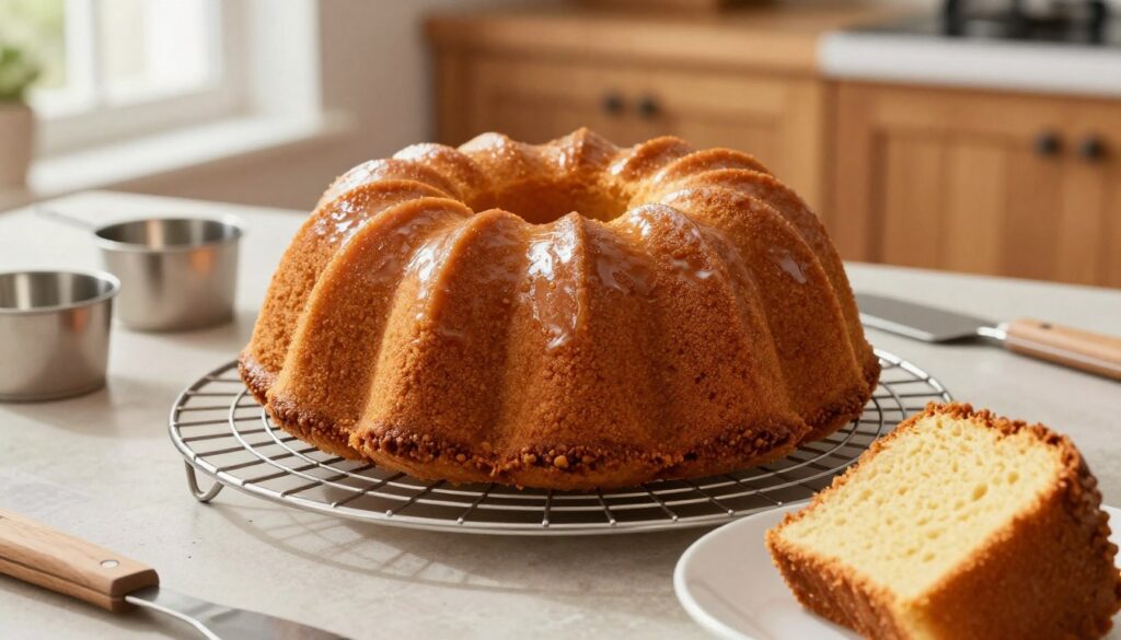 A perfectly baked bundt cake cooling on a wire rack, showcasing its fluffy and even texture. The cake is golden brown, with a glossy glaze reflecting soft overhead lighting, emphasizing its smooth surface. In the foreground, a pristine white plate holds a slice of the cake, revealing its moist interior. The middle ground features a subtle array of baking tools, such as measuring cups and spatulas, neatly arranged around the cake. A warm, inviting kitchen scene sets the background, with wooden cabinets and a window allowing natural light to illuminate the space. The mood is cozy and professional, evoking a sense of achievement in baking with precise details in every layer, showcasing the technique required for a perfectly risen bundt cake.