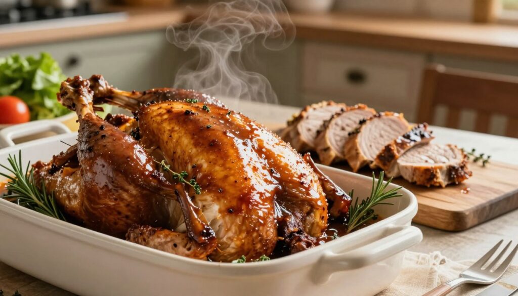 A rich and flavorful turkey roasting pan filled with succulent juices and garnished with fresh herbs such as rosemary and thyme. In the foreground, a shiny, deep brown sauce glistens under soft kitchen lighting, showcasing its thick, velvety texture. The middle ground features perfectly cooked turkey slices arranged elegantly on a wooden cutting board, with steam gently rising, indicating warmth and juiciness. In the background, a cozy kitchen setting with rustic wooden cabinets and a hint of fresh vegetables can be seen, creating a warm atmosphere. Soft, diffused lighting enhances the inviting mood, highlighting the deliciousness of the dish. The scene is shot at a low angle, drawing attention to the richness of the sauce and the vibrant colors of the ingredients.