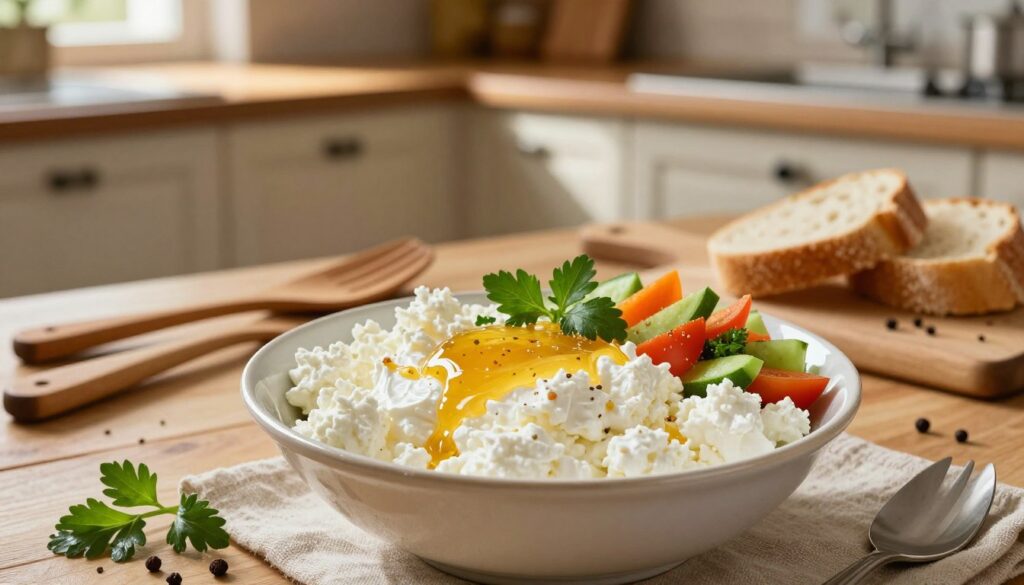 A rustic kitchen scene showcasing a bowl of fresh twaróg (Polish cottage cheese) placed prominently in the foreground. The bowl is surrounded by various toppings, such as honey, fresh herbs, and vibrant vegetables, demonstrating sweet and savory possibilities. In the middle ground, there are wooden utensils and a chopping board with slices of bread and scattered spices. The background features warm, cozy kitchen elements like wooden cabinets and sunlight streaming through a window, casting soft shadows. The overall atmosphere is inviting and homely, with natural light highlighting the creamy texture of the twaróg and the colorful ingredients, creating a feeling of warmth and comfort.