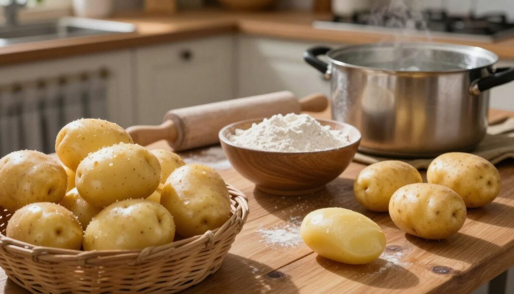 A rustic kitchen setting featuring a wooden table scattered with various types of potatoes ideal for making kopytka. In the foreground, a basket brimming with smooth, golden Yukon Gold potatoes, and a few starchy Russets, all glistening with a light sheen of moisture. In the middle ground, a rolling pin and a bowl of flour, alongside a pot of boiling water ready for the kopytka. The background showcases a cozy kitchen with soft, warm lighting illuminating the scene, casting gentle shadows. The atmosphere feels inviting and homely, emphasizing the art of cooking traditional Polish dumplings. The angle captures both the ingredients and cooking tools, creating a harmonious arrangement that entices the viewer to learn about the perfect potato selection for light and fluffy kopytka.