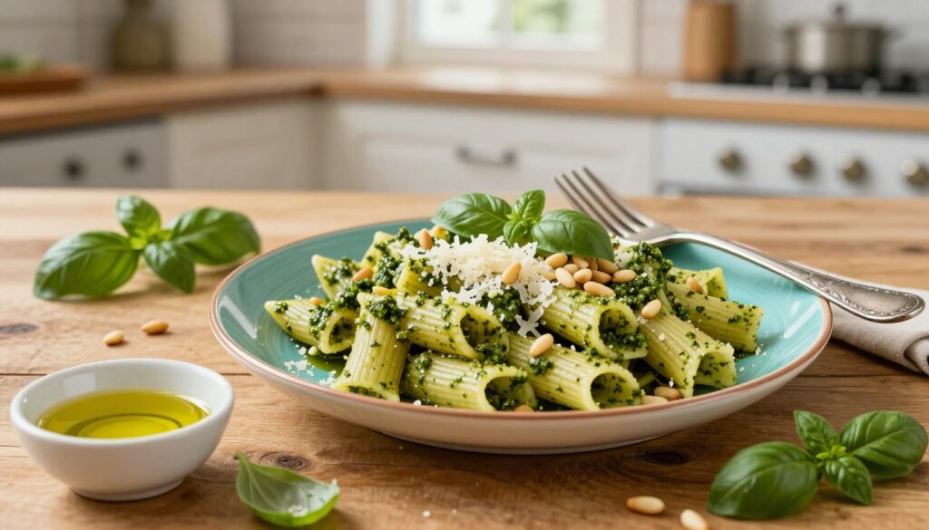A rustic wooden table set with a vibrant plate of al dente pasta, generously tossed in fresh basil pesto, showcasing a rich green color. The makaron z pesto is adorned with a sprinkle of grated Parmesan cheese and a handful of pine nuts scattered artfully on top. In the foreground, a small bowl of olive oil and fresh basil leaves complement the dish, creating a visually enticing arrangement. In the middle, a vintage fork rests beside the plate, inviting viewers to indulge. The background features a warm kitchen scene with soft, natural lighting streaming in from a window, enhancing the inviting atmosphere. The overall mood is cozy and homey, perfect for a quick, delightful meal.