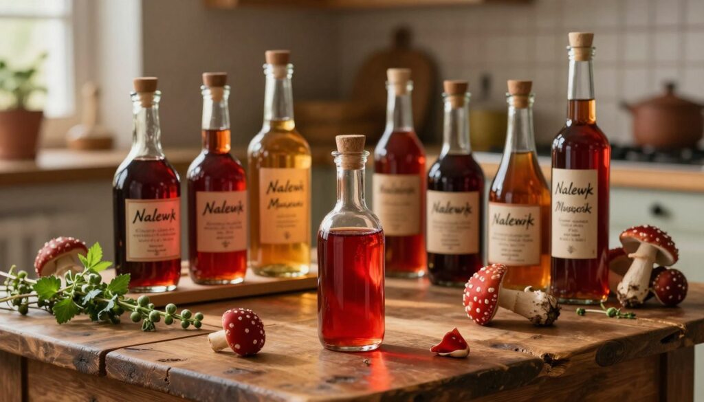 A rustic wooden table with a variety of nalewki bottles filled with rich red and amber liquid, showcasing the vibrant colors of homemade tinctures made from amanita muscaria mushrooms. In the foreground, a delicate glass vial is half-filled with a glowing red liquid, surrounded by a few scattered red mushrooms and an assortment of fresh herbs. The middle ground features a softly lit shelf filled with other nalewki, their labels marked with handwritten words, hinting at traditional recipes. The background includes a blurred view of a cozy kitchen with warm, inviting lighting, creating a sense of nostalgia and caution. The atmosphere evokes a mix of intrigue and unease, emphasizing the fine line between tradition and risk. A rustic wooden table with a variety of nalewki bottles filled with rich red and amber liquid, showcasing the vibrant colors of homemade tinctures made from amanita muscaria mushrooms. In the foreground, a delicate glass vial is half-filled with a glowing red liquid, surrounded by a few scattered red mushrooms and an assortment of fresh herbs. The middle ground features a softly lit shelf filled with other nalewki, their labels marked with handwritten words, hinting at traditional recipes. The background includes a blurred view of a cozy kitchen with warm, inviting lighting, creating a sense of nostalgia and caution. The atmosphere evokes a mix of intrigue and unease, emphasizing the fine line between tradition and risk.