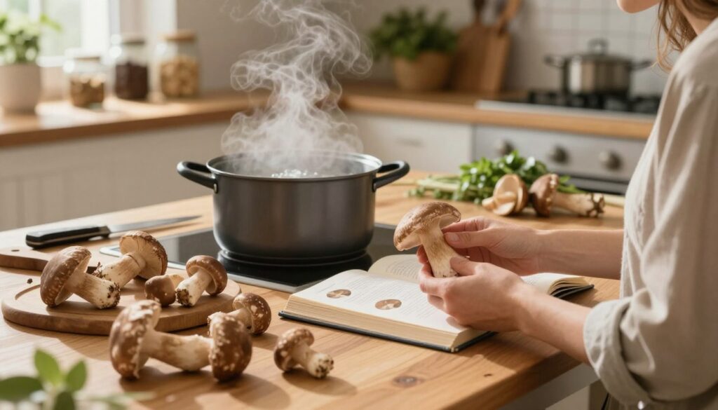 A serene kitchen setting bathed in warm, natural light, highlighting a wooden table covered with freshly harvested edible mushrooms, specifically the Modroborowik ponury. In the foreground, a person in modest casual clothing carefully inspects the mushrooms, showing some to an open reference book on mushroom identification beside them. In the middle, a pot of boiling water is visible, steam rising to signify the importance of thermal processing, while a cutting board with a knife and other kitchen tools subtly integrate into the scene. The background features soft-focus shelves with jars, herbs, and utensils, creating a cozy atmosphere. The mood is educational and calm, perfect for emphasizing safe practices post-harvest.