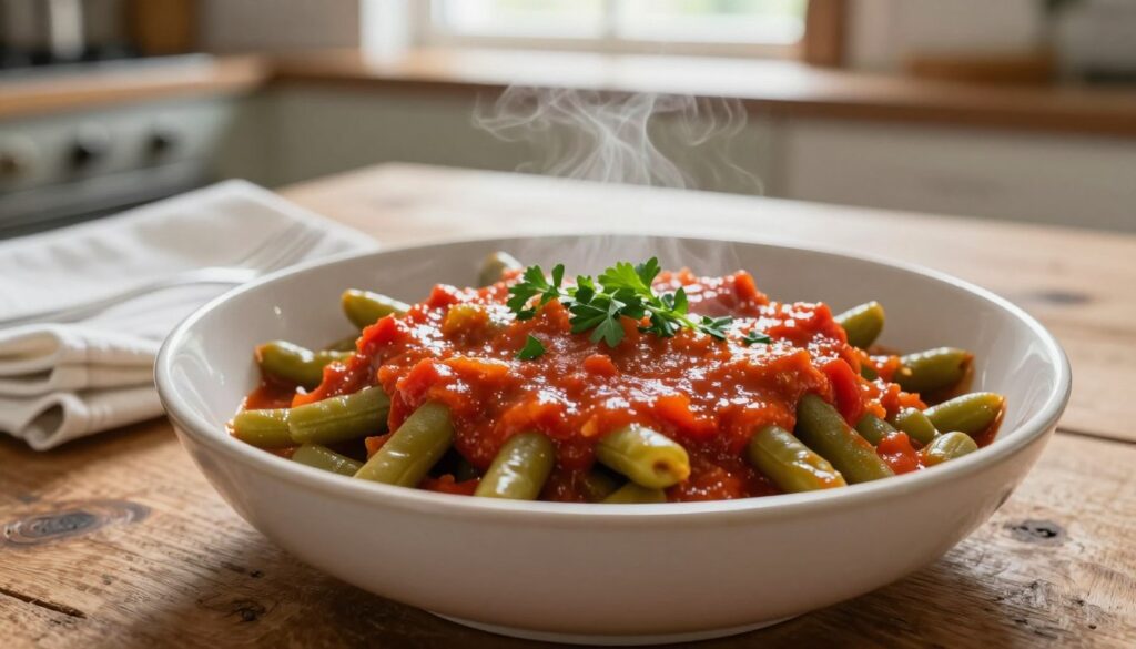 A steaming bowl of green beans drenched in rich, vibrant tomato sauce, garnished with fresh herbs for a pop of color. The foreground features a close-up of the bowl, showcasing the glossy texture of the sauce and the bright green of the beans. In the middle ground, a rustic wooden table offers a cozy, homey vibe, complemented by a delicate white cloth napkin. The background fades softly, hinting at a warm kitchen atmosphere, with soft, natural lighting illuminating the scene from a window above, casting gentle shadows. The overall mood is inviting and comforting, perfect for a classic meal setting, evoking a sense of simplicity and warmth.