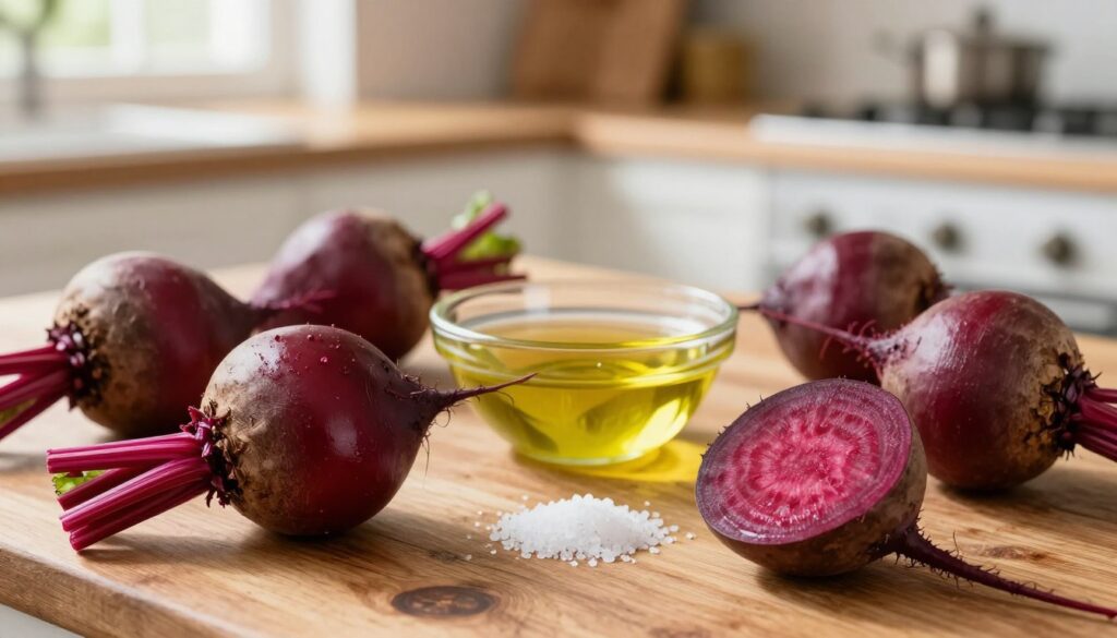 A vibrant and appetizing arrangement of fresh beets ready for roasting, displayed on a rustic wooden kitchen table. In the foreground, showcase several plump, deep red beets, some whole and some partially peeled, highlighting their shiny, earthy skins. In the middle ground, include a small bowl of olive oil and a sprinkle of sea salt, emphasizing the simplicity of flavoring. The background features a soft-focus kitchen setting with warm, natural lighting coming from a window to create an inviting atmosphere. The scene exudes a sense of rustic charm and culinary warmth, perfect for inspiring home cooking. Aim for a close-up angle that captures the texture and color of the beets, enticing viewers to explore the recipe.