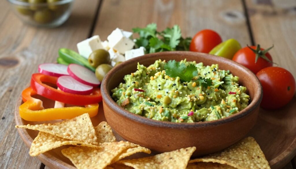 A vibrant and appetizing display of guacamole in a rustic ceramic bowl, surrounded by an array of suitable accompaniments. In the foreground, fresh tortilla chips are artistically arranged next to the guacamole, alongside colorful sliced vegetables like bell peppers, radishes, and cherry tomatoes. In the middle ground, optional extras like crumbled feta cheese, olives, and cilantro are artfully scattered for contrast. The background features a textured wooden table, softly blurred to bring focus to the guacamole and its delightful toppings. Warm, natural lighting casts subtle shadows, creating an inviting and festive atmosphere perfect for casual dining or entertaining. The composition captures the essence of a lively gathering, evoking a sense of enjoyment and culinary creativity.