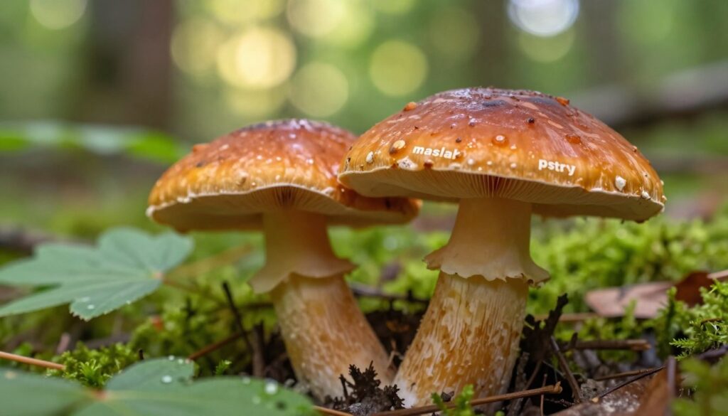 A vibrant and detailed close-up of a "maślak pstry" mushroom, showcasing its unique features. The foreground should highlight the mushroom's orange-brown cap, with darker concentric patterns and a smooth, slightly sticky surface. Include its pale yellowish stems and distinctive gills, creating a realistic portrayal. In the middle ground, place a few surrounding leaves and forest floor elements, such as small twigs and moss, to enhance the natural setting. The background should depict a blurred green forest ambiance filtered through soft, dappled sunlight, creating a serene and inviting atmosphere. Use a macro lens perspective to capture fine details, ensuring the lighting is warm and natural, evoking a sense of discovery in the woods. The overall mood should feel peaceful and educational, perfect for identifying this mushroom in its habitat.