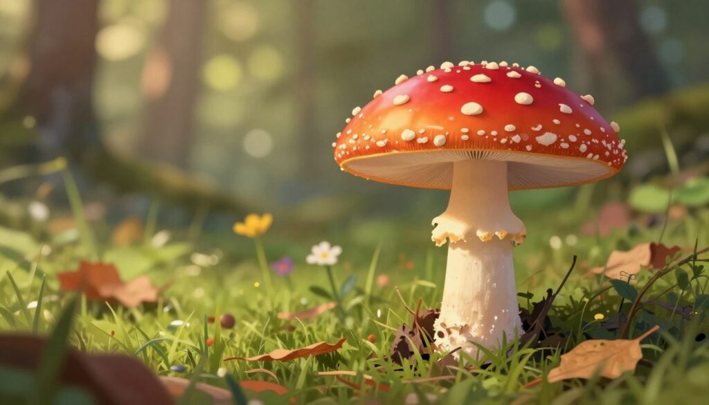 A vibrant and detailed illustration of Amanita muscaria, commonly known as the fly agaric mushroom, showcasing its distinctive red cap with white speckles. The mushroom should be prominently positioned in the foreground, surrounded by lush green grass and soft earth tones. In the middle ground, include some fallen leaves and a few wildflowers to create a natural setting reflecting early autumn. The background should feature a blurred forest with soft, dappled sunlight filtering through the trees, casting a warm glow. Capture the mood of curiosity and caution in this serene yet intriguing environment. Use a macro lens perspective to highlight the textures of the mushroom’s cap and gills. A vibrant and detailed illustration of Amanita muscaria, commonly known as the fly agaric mushroom, showcasing its distinctive red cap with white speckles. The mushroom should be prominently positioned in the foreground, surrounded by lush green grass and soft earth tones. In the middle ground, include some fallen leaves and a few wildflowers to create a natural setting reflecting early autumn. The background should feature a blurred forest with soft, dappled sunlight filtering through the trees, casting a warm glow. Capture the mood of curiosity and caution in this serene yet intriguing environment. Use a macro lens perspective to highlight the textures of the mushroom’s cap and gills.