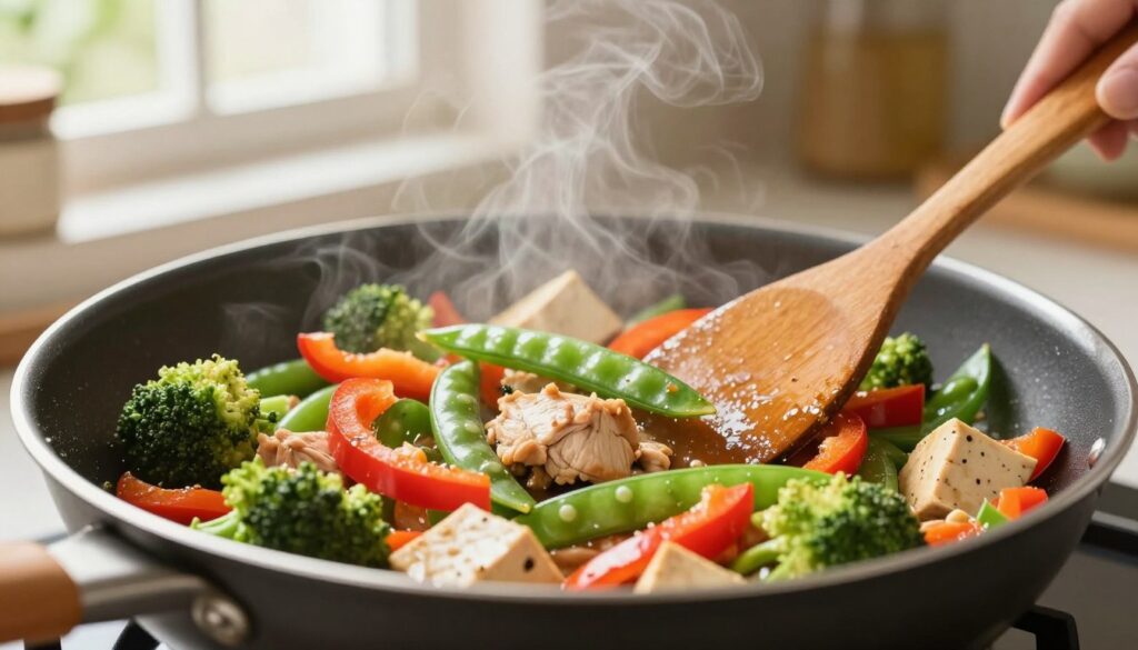 A vibrant and dynamic scene capturing a colorful stir-fry in a frying pan, showcasing an assortment of fresh vegetables such as bell peppers, broccoli, and snap peas alongside juicy pieces of chicken and tofu. The focus is on the sizzling action, with steam rising from the pan, hinting at the quick cooking process. The foreground features the frying pan, filled to the brim, with a wooden spatula positioned as if ready to stir. The middle background displays a softly blurred kitchen setting, illuminated by warm, natural light filtering through a nearby window, creating an inviting atmosphere. The composition captures the essence of quick, healthy meals, evoking a sense of culinary creativity and ease.