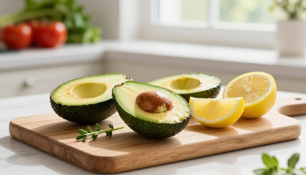 A vibrant and fresh arrangement of avocado halves, showcasing their rich green color and creamy texture, accompanied by slices of bright yellow lemon to highlight the concept of preventing browning. In the foreground, place an elegant wooden cutting board, adorned with a delicate sprig of herbs for a touch of contrast. The middle ground features a softly lit kitchen countertop with natural light streaming in from a nearby window, creating a warm, inviting atmosphere. In the background, subtle hints of fresh ingredients like tomatoes and leafy greens can be seen, enhancing the healthy vibe of the scene. The overall mood should be cheerful and refreshing, inviting viewers to embrace the beauty of healthy food storage techniques. No text or overlays, just a clean, appealing composition.