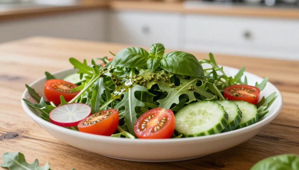 A vibrant and healthy salad featuring arugula as the primary ingredient, beautifully arranged in a shallow bowl. Surround the arugula with a variety of colorful, fresh vegetables like cherry tomatoes, sliced cucumbers, and radishes. Drizzle a generous amount of basil pesto dressing over the top, glistening under soft, natural lighting. In the background, a rustic wooden table adds warmth, while a blurred image of a light kitchen is barely visible, enhancing the home-cooked feel. The foreground focuses on the salad, with a shallow depth of field that accentuates the textures of the leaves and vegetables. The mood is fresh and inviting, appealing to health-conscious eaters and lovers of Mediterranean cuisine.