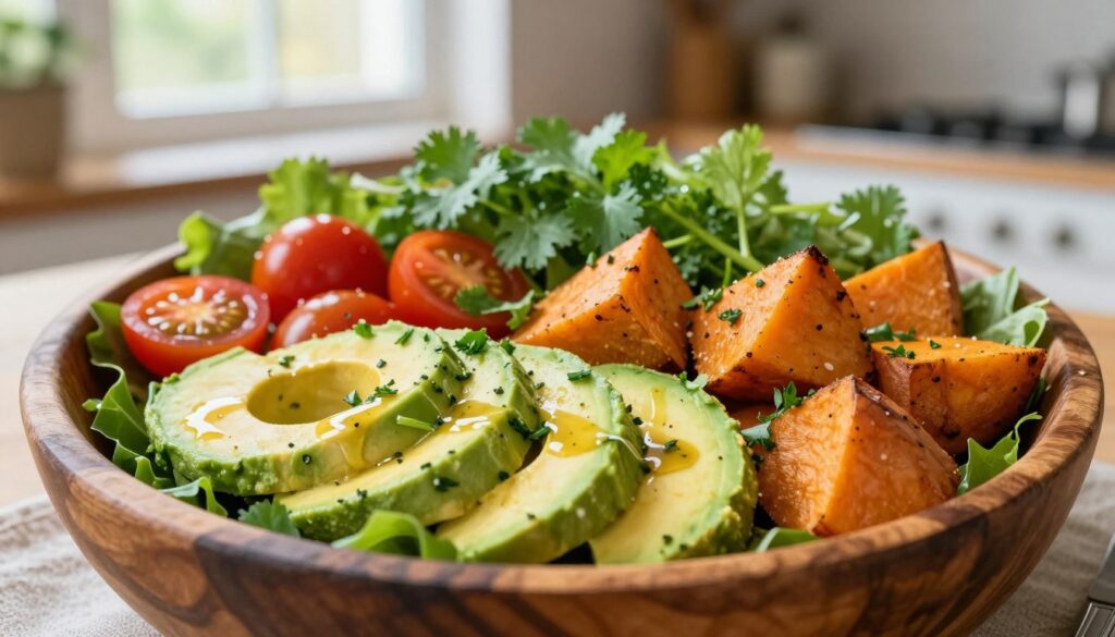 A vibrant and healthy salad featuring avocado and sweet potatoes, artfully arranged in a rustic wooden bowl. In the foreground, slices of creamy ripe avocado are layered next to roasted sweet potato cubes, garnished with fresh herbs like cilantro and parsley. Cherry tomatoes burst with color among the greens. In the middle ground, a light drizzle of tangy dressing adds shine to the dish. The background softly fades, showcasing a warm kitchen ambiance with natural light filtering through a window, creating a bright and inviting atmosphere. The composition is shot from a slightly overhead angle to emphasize the salad’s textures and colors, inviting the viewer to experience a fresh, fit, and vegetarian meal.