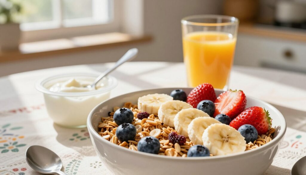 A vibrant and inviting breakfast scene featuring a bowl of granola at the forefront, topped with a generous mix of fresh fruits such as sliced bananas, strawberries, and blueberries. Beside the bowl, a small container of creamy yogurt is visible, invitingly styled with a spoon. The middle ground includes a bright, decorative tablecloth and a glass of orange juice, enhancing the cheerful morning atmosphere. In the background, a softly lit kitchen window allows sunlight to stream in, casting warm shadows that create a cozy ambiance. Use a soft focus effect to emphasize the granola and fruits, while retaining clarity in the background elements. The mood should feel refreshing, healthy, and energizing, perfect for a quick yet satisfying breakfast.
