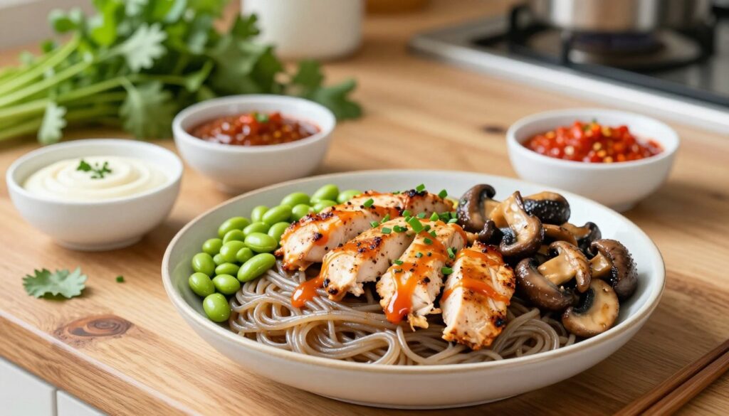 A vibrant and inviting kitchen setting featuring a plate of konjac noodles dressed with various protein-rich toppings. In the foreground, showcase a bowl of colorful grilled chicken, edamame, and sautéed mushrooms elegantly arranged on the konjac noodles. The middle ground should include small bowls of diverse sauces like a creamy garlic sauce and a spicy sriracha blend, artistically drizzled over the dish. The background features fresh herbs and a rustic wooden countertop, with soft, natural lighting illuminating the scene, creating a warm atmosphere. The camera angle is slightly above the dish to capture all elements in a harmonious composition, evoking a sense of healthy, delicious meal preparation. The overall mood is fresh, appealing, and nutritious.