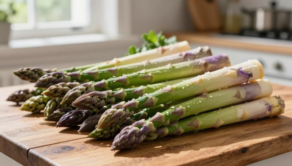 A vibrant arrangement of fresh asparagus, showcasing green, white, and purple varieties, elegantly displayed on a rustic wooden kitchen table. In the foreground, emphasize the rich textures and colors of the asparagus spears, glistening with morning dew. In the middle ground, include a soft-focus background featuring unpainted kitchen utensils and herbs, hinting at a cooking scene. Natural sunlight filters in through a window, casting warm, inviting shadows that enhance the freshness of the vegetables. The atmosphere is bright and cheerful, evoking a sense of farm-to-table freshness. Capture this in a close-up shot with a shallow depth of field to emphasize the asparagus while providing a hint of the kitchen setting around it.