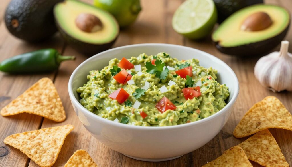 A vibrant bowl of freshly made guacamole sits on a rustic wooden table, surrounded by colorful tortilla chips. The guacamole is a creamy green, speckled with diced tomatoes, cilantro, and finely chopped onions, glistening invitingly under warm, natural light. In the background, a blurred assortment of fresh avocados, limes, and additional ingredients like garlic and jalapeños create a lively kitchen atmosphere. The scene is captured from a slightly elevated angle, showcasing the texture of the dip and the crispness of the chips. The mood is upbeat and fresh, evoking a sense of culinary creativity and enjoyment, perfect for highlighting the versatility of avocados in dips and spreads.