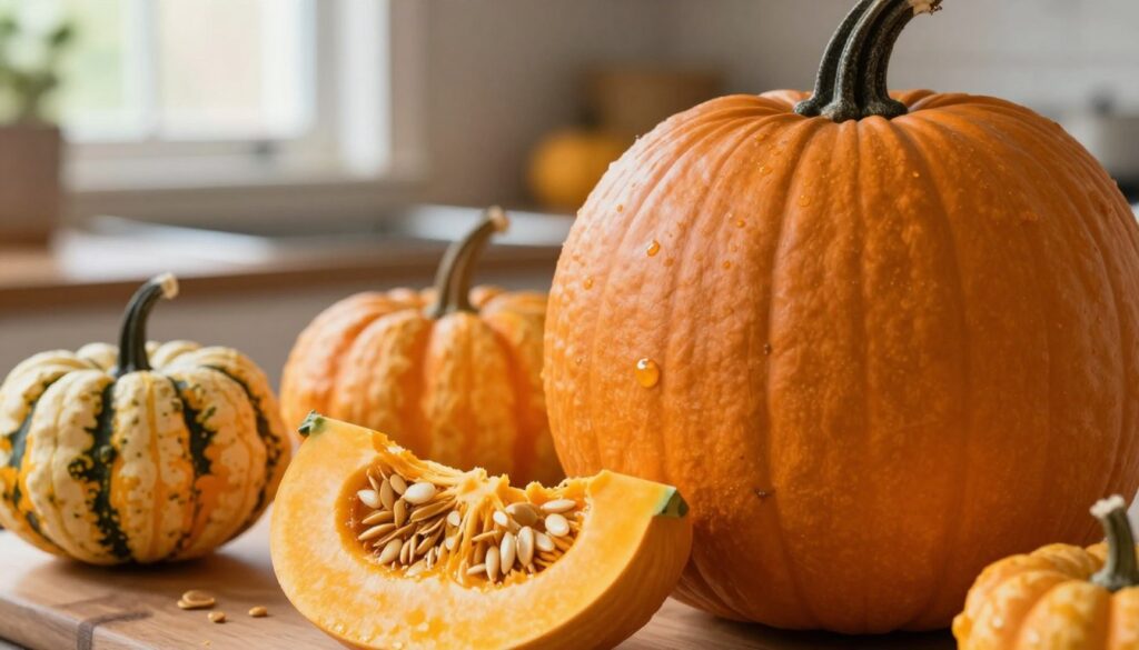 A vibrant, close-up image of a Dynia Gomez pumpkin, showcasing its unique features such as its smooth, ribbed skin and rich orange color. In the foreground, place a sliced Dynia Gomez revealing its creamy texture and seeds, inviting culinary exploration. In the middle ground, arrange decorative gourds and ornamental pumpkins to highlight the contrast between edible and decorative varieties, emphasizing their differences. The background should fade softly to a rustic kitchen setting with natural light filtering through a window, casting warm shadows to enhance the inviting atmosphere. Use a shallow depth of field to keep the focus on the fruits while creating an inviting, cozy mood suitable for culinary discussions.