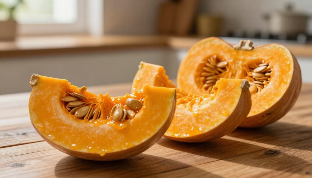 A vibrant, close-up image of a sliced "dynia Gomez" pumpkin on a rustic wooden table, showcasing its bright orange flesh and smooth texture. The foreground features a large, open half of the pumpkin with its seeds visible, glistening with moisture. In the middle, a few slices of the pumpkin are artistically arranged, emphasizing their rich, creamy consistency. The background is softly blurred, hinting at a cozy kitchen setting with warm, ambient lighting that creates a welcoming atmosphere. Natural light filters in through a window, casting gentle shadows and highlighting the organic shapes of the pumpkin. The overall mood is warm, inviting, and educational, perfect for showcasing the culinary potential of this unique pumpkin variety.