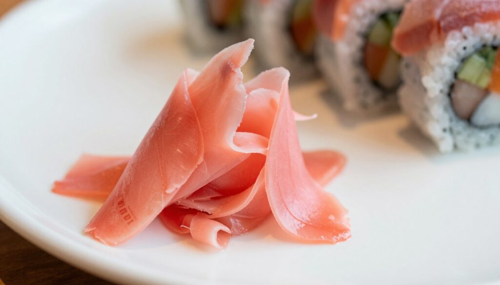 A vibrant, close-up image of pickled ginger, known as "marynowany imbir," placed on an elegant, minimalist white ceramic plate. The ginger slices should be visually appealing, showcasing their translucent pink hue and delicate texture, arranged in a graceful, swirling pattern. In the background, softly blurred sushi rolls with fresh fish and colorful vegetables are artfully presented, suggesting a traditional Japanese dining setting. Use natural lighting to enhance the colors and create a warm, inviting atmosphere, with a focus on the freshness of the ingredients. The angle should be slightly overhead, capturing both the ginger and sushi, inviting viewers to imagine a delicious culinary experience.