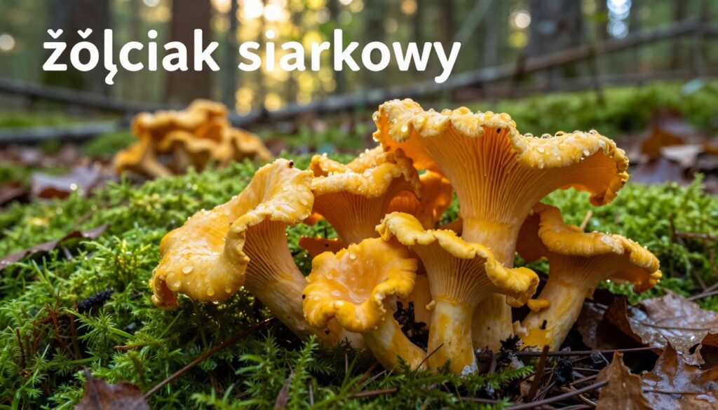 A vibrant depiction of "żółciak siarkowy" (golden chanterelle) mushrooms in a serene forest setting, focusing on a cluster of bright yellow mushrooms nestled among lush green moss and fallen leaves. The foreground showcases the unique, wavy caps and gills of the mushrooms glistening with morning dew, inviting the viewer to appreciate their texture and color. In the middle ground, dappled sunlight filters through the canopy, creating a warm, inviting atmosphere, highlighting the natural beauty of the forest. The background features soft-focus trees, enhancing the depth of the scene. The overall mood is tranquil and earthy, capturing the essence of foraging in nature, with a gentle play of light emphasizing the mushrooms’ vibrant color and inviting allure.