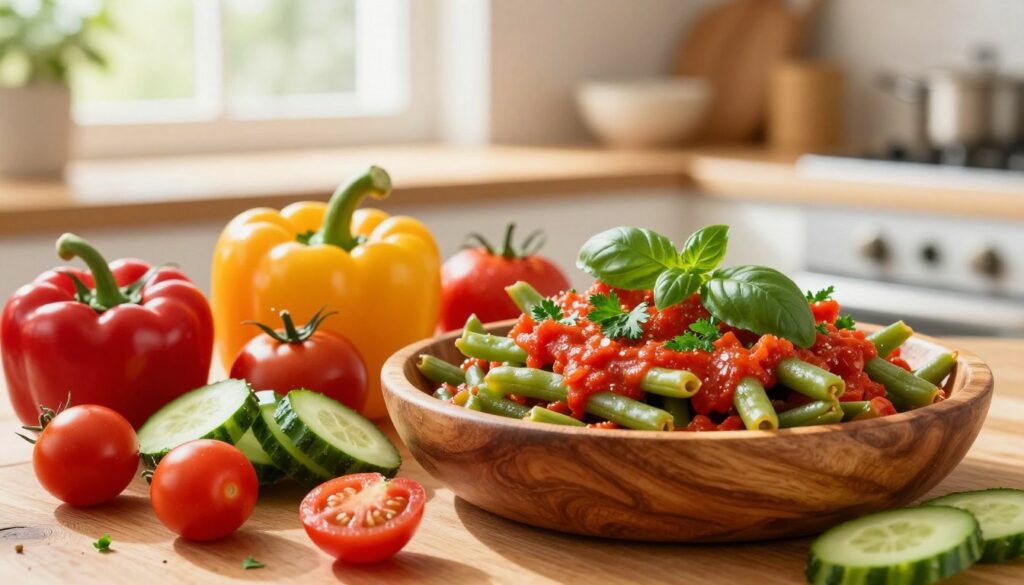 A vibrant, fresh food scene showcasing a dish of green beans in a rich tomato sauce, artfully garnished with bright herbs like basil and parsley. In the foreground, a wooden bowl overflows with colorful, fresh vegetables such as ripe cherry tomatoes, bell peppers, and thinly sliced cucumbers, adding a lively burst of color and texture. A light, airy kitchen setting in the middle ground with sunlit windows casting warm, welcoming light adds warmth to the scene. The background features a rustic wooden table with soft-focus kitchenware, creating a homely atmosphere. Capture this in a high-resolution image with vibrant colors, soft natural light, and a shallow depth of field to emphasize the freshness and flavors, evoking a cheerful and appetizing mood.