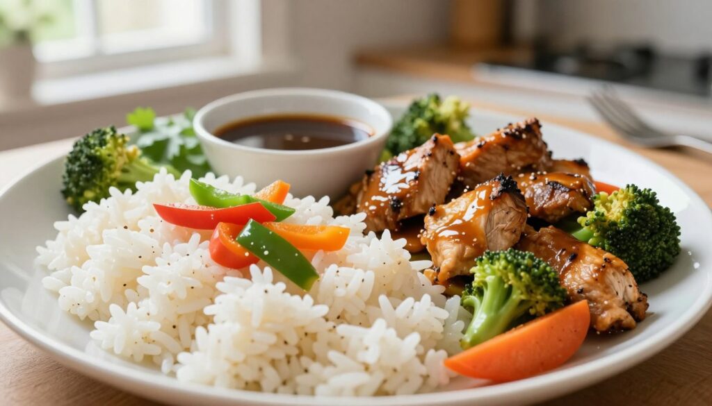 A vibrant, inviting plate of rice garnished with an array of complementary savory toppings. In the foreground, a fluffy mound of steamed white rice, adorned with sautéed colorful vegetables like bell peppers, broccoli, and carrots. Juicy pieces of grilled chicken or beef are artfully arranged beside the rice, drizzled with a glossy sauce, enhancing the visual appeal. In the middle ground, a small bowl of rich soy sauce or teriyaki sauce sits ready for dipping, surrounded by fresh herbs like cilantro. The background features a softly blurred kitchen setting with warm, natural light streaming in from a nearby window, creating a cozy and appetizing atmosphere. The overall mood is fresh, delicious, and comforting, perfect for inspiring meal ideas.