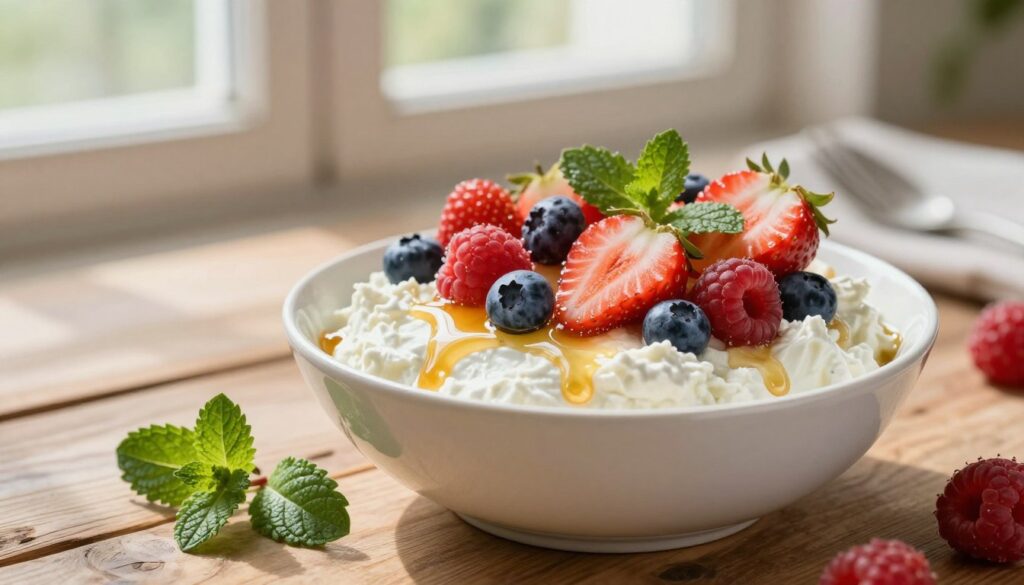 A vibrant, inviting scene showcasing a bowl of fresh twaróg topped with an assortment of colorful fruits including strawberries, blueberries, and raspberries. In the foreground, include a few sprigs of mint and a drizzle of golden honey, adding warmth and texture. The middle ground features a rustic wooden table, enhancing the natural and wholesome feel of the dish. In the background, soft, diffused sunlight filters through a window, casting gentle shadows and creating a cozy atmosphere. Use a shallow depth of field to keep the focus sharp on the twaróg dish, while softly blurring the background. The overall mood should be bright and cheerful, evoking a sense of sweetness and comfort, perfect for a delicious dessert.