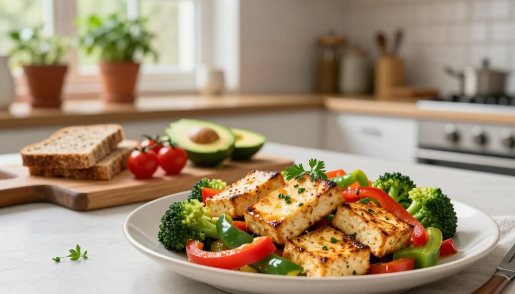 A vibrant kitchen scene featuring a quick, delicious meal centered around smoked tofu. In the foreground, a beautifully plated dish showcases colorful stir-fried vegetables, such as bell peppers and broccoli, alongside slices of golden-brown smoked tofu, garnished with fresh herbs. In the middle, a wooden cutting board displays additional ingredients like cherry tomatoes, avocado, and whole grain bread, hinting at the meal’s versatility for sandwiches and salads. The background features soft, ambient lighting illuminating a stylish kitchen, with potted herbs on a windowsill, creating a warm and inviting atmosphere. The mood emphasizes fresh and healthy cooking with an emphasis on speed and simplicity. The angle captures the scene at a 45-degree perspective, providing depth and inviting the viewer’s gaze toward the meal.