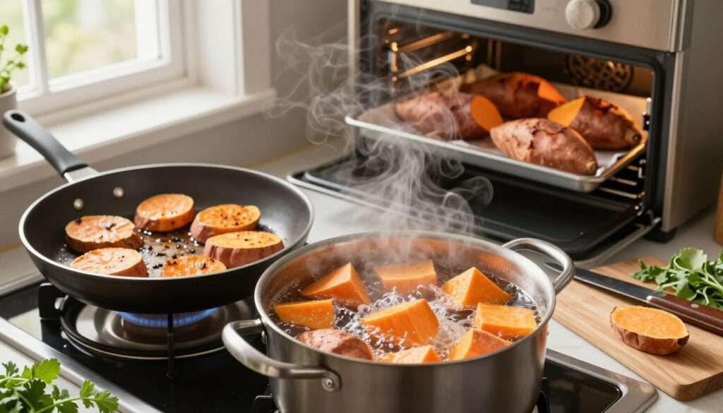 A vibrant kitchen scene showcasing the preparation of sweet potatoes. In the foreground, a pot of boiling water with sweet potato cubes, steam rising elegantly. Next to it, a skillet on medium heat with sizzling sweet potato slices, and an oven in the background with roasted sweet potatoes on a baking tray. The kitchen is bright and inviting, illuminated by warm, natural light coming through a window. A wooden cutting board with a knife and fresh herbs is on the counter, enhancing the cooking atmosphere. The composition reflects a cozy, home-cooking mood, making the viewer feel inspired to prepare delicious sweet potatoes in various ways. The camera angle is slightly above eye level, capturing the beautiful colors and textures of the food.