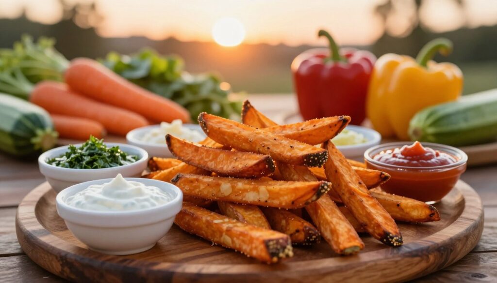 A vibrant table setting featuring a beautiful assortment of sweet potato fries, golden and crispy, arranged artfully on a rustic wooden platter. Surrounding the fries are various colorful dips and sauces in small bowls, such as creamy garlic aioli, tangy herb yogurt, and a spicy sriracha ketchup. In the background, a soft-focus arrangement of fresh vegetables like carrots, bell peppers, and zucchini adds a playful touch. The lighting is warm and inviting, with the sun setting softly behind, creating a cozy atmosphere. Use a shallow depth of field to draw focus to the fries and sauces, giving a delicious and tempting appeal to the composition.