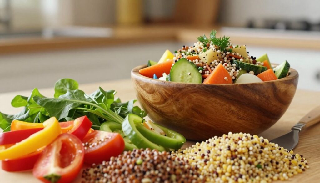 A visually appealing arrangement of colorful vegetables and grains that epitomize a healthy, light meal. In the foreground, showcase a vibrant mix of fresh, chopped vegetables like bell peppers, tomatoes, carrots, and green leafy greens alongside a variety of cooked grains such as quinoa, buckwheat, and millet. In the middle ground, a rustic wooden bowl filled with a colorful salad of mixed vegetables and grains, garnished with herbs. The background features a softly blurred kitchen setting with warm, natural lighting that enhances the freshness of the ingredients. Use a shallow depth of field to focus on the meal preparation, creating a cozy and inviting atmosphere, ideal for readers seeking lighter alternatives to potatoes.