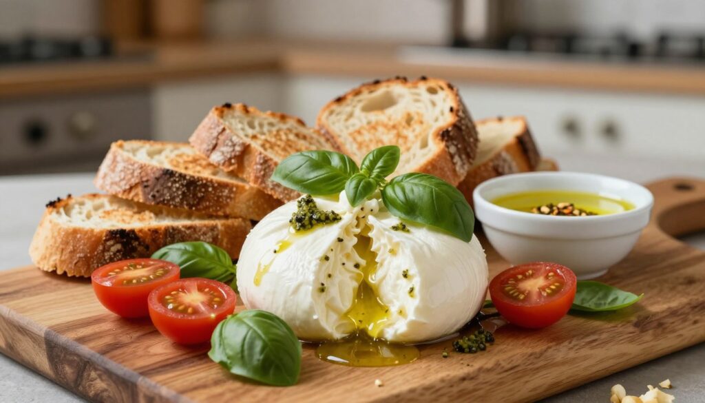 A visually appealing arrangement of ser burrata served on a rustic wooden board. In the foreground, showcase a generous portion of creamy burrata cheese, with its delicate interior slightly oozing, surrounded by vibrant cherry tomatoes, fresh basil leaves, and a drizzle of basil pesto. In the middle, include slices of artisanal bread, lightly toasted, along with a small bowl of olive oil and crushed garlic. The background should feature a softly blurred kitchen setting, with warm, inviting lighting that creates a cozy atmosphere. Use a shallow depth of field to emphasize the burrata and its accompaniments. The overall mood should evoke a sense of indulgence and the joy of sharing delicious food.