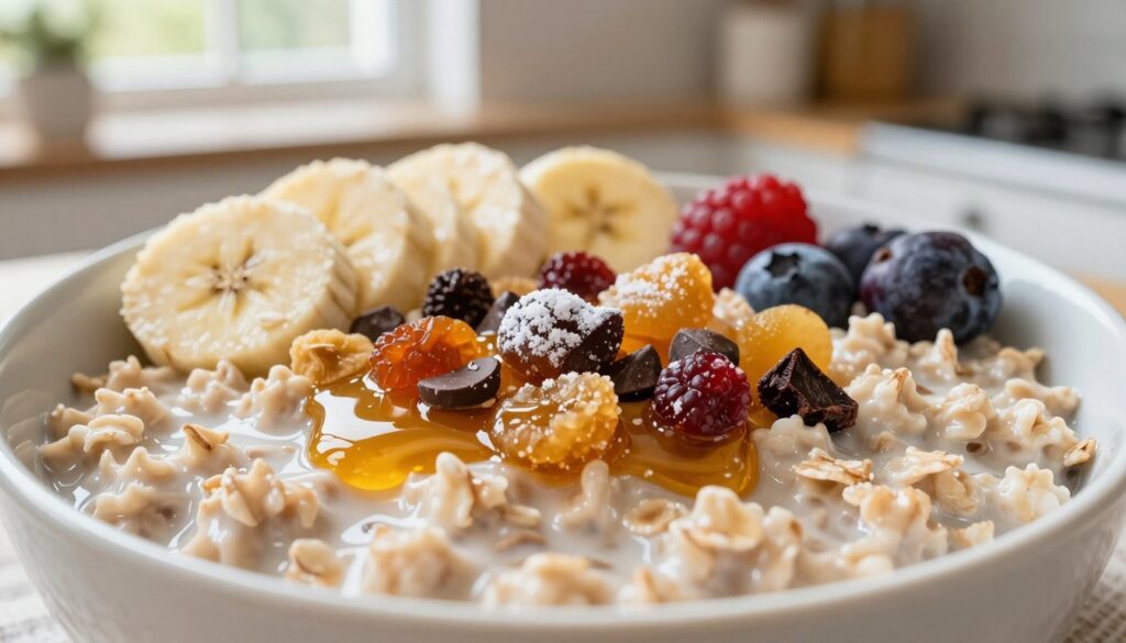 A visually striking image depicting a bowl of oatmeal artistically arranged to showcase common mistakes in oatmeal preparation that may hinder weight loss. In the foreground, a close-up view of the oatmeal bowl filled with creamy, textured oats, topped with an excessive amount of sugary toppings like honey, dried fruits, and chocolate chips. In the middle ground, colorful fruits like bananas and berries in moderation to contrast the unhealthy options. The background features a kitchen setting with natural light streaming in through a window, carefully highlighting the ingredients. The mood conveys a sense of caution, encouraging viewers to be mindful of their choices. The image should evoke a healthy eating attitude while illustrating the pitfalls of excessive calorie-laden toppings.