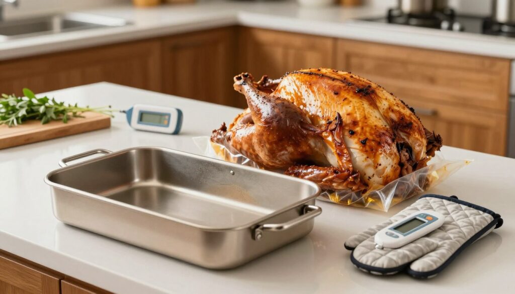 A well-organized kitchen countertop showcasing essential cooking equipment for roasting turkey: a deep, shiny roasting pan at the forefront, reflecting soft overhead lighting, emphasizing its metallic surface. Next to it, a turkey roasting bag, gracefully positioned, and a high-quality digital kitchen thermometer resting beside a pair of oven mitts. In the background, an out-of-focus kitchen with warm-toned wooden cabinetry and a hint of fresh herbs on a small cutting board, creating a cozy atmosphere. The scene is brightly lit, conveying a welcoming and organized cooking space, inviting the viewer to imagine preparing a perfectly seasoned and juicy turkey. The composition is photographed from a slightly elevated angle to capture the laid-out equipment harmoniously.