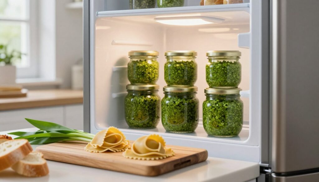 A well-organized kitchen scene focusing on a refrigerator, partially open to reveal jars of vibrant green wild garlic pesto. In the foreground, a beautifully arranged wooden cutting board displays fresh pasta, slices of bread, and a few sprigs of fresh wild garlic. The middle ground features the refrigerator with a spotlight highlighting the pesto jars, emphasizing their enticing color and glossy oil layer on top. The background shows a bright, airy kitchen with soft, natural light streaming in through a nearby window, creating a cozy atmosphere. The overall mood is fresh and inviting, reflecting themes of culinary delight and proper food storage. The image should convey a sense of homely warmth and the joy of cooking.