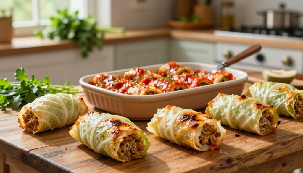 An assortment of stuffed cabbage rolls is displayed on a rustic wooden table, showcasing the most common problems encountered while baking them. In the foreground, a few cabbage rolls are slightly burnt, and others are torn, revealing their stuffing. In the middle, a dish of perfectly baked rolls glistens with a rich tomato sauce, with utensils prepared for serving. The background features an inviting kitchen setting with warm, natural light streaming in through a window, casting soft shadows and highlighting the lush green of fresh herbs. The atmosphere is cozy yet slightly chaotic, indicating the challenges of cooking, while maintaining an inviting and appetizing appeal. The focus is sharp, enhancing the textures of the ingredients, and the overall composition evokes a sense of home and culinary exploration.