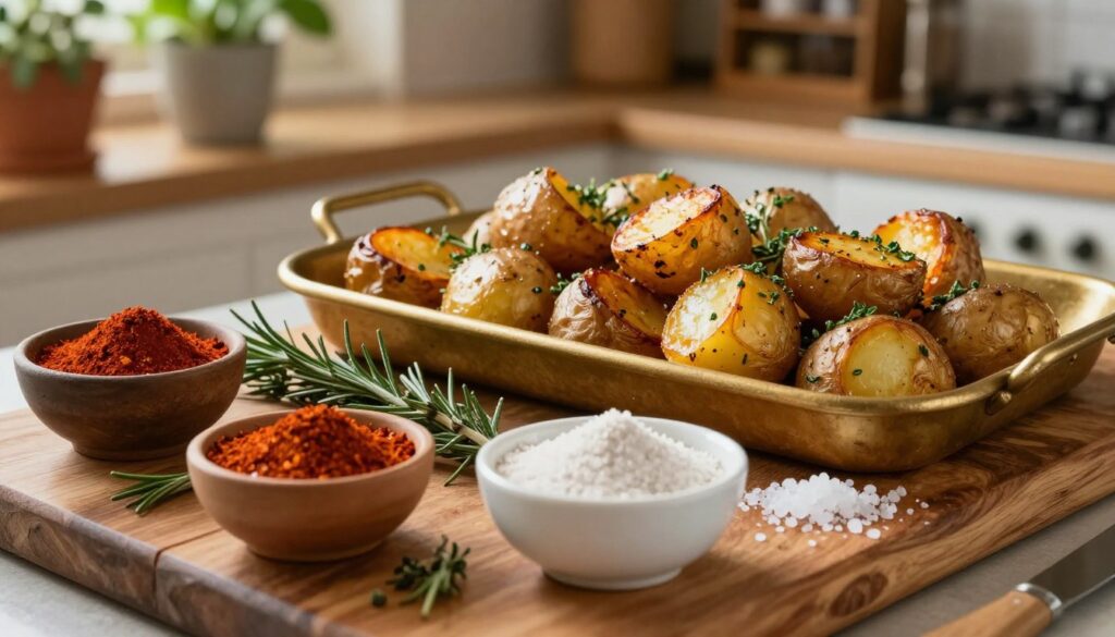 An inviting kitchen scene showcasing an array of spices for roasted potatoes. In the foreground, a rustic wooden cutting board is adorned with bowls of classic spices: paprika, rosemary, thyme, garlic powder, and sea salt, artfully arranged. In the middle ground, a golden-brown tray of perfectly roasted potatoes glistens with crispy edges, garnished with fresh herbs, reflecting inviting warmth. The background features a softly lit kitchen with hints of herbs in pots and a vintage spice rack, creating a homely atmosphere. The lighting is warm and natural, highlighting textures and colors, evoking a cozy, delicious culinary experience. A macro lens perspective captures intricacies of the spices and potatoes, infusing the scene with a mouthwatering appeal.