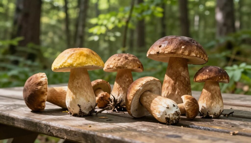 In a detailed forest scene, showcase a vibrant arrangement of edible and inedible mushrooms on a wooden picnic table. In the foreground, prominently display a Goryczak mushroom, characterized by its distinct yellowish cap and thick stem, alongside a Porcini mushroom, which has a brown cap and rounded shape. Include other common look-alikes like the Bitter Boletus, subtly placed for comparison. In the middle ground, depict lush green foliage with dappled sunlight filtering through tree branches, casting gentle shadows on the mushrooms. The background should feature a blurred, serene woodland atmosphere, enhancing the focus on the mushrooms. Use soft, natural lighting to create a warm, inviting mood, capturing the essence of a late summer foraging day. The composition should feel educational yet visually appealing, inviting readers to distinguish between these fungi.
