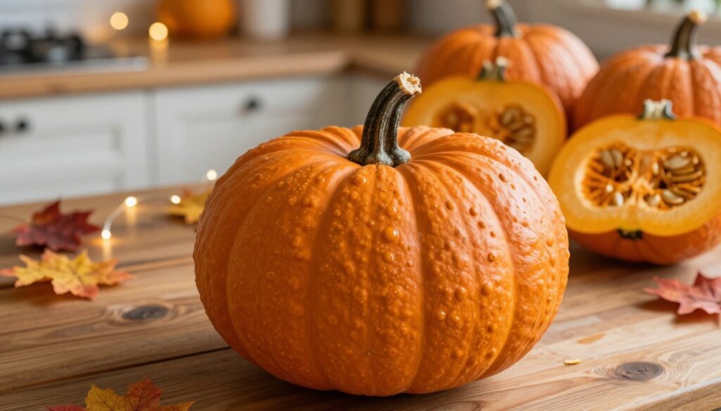A Hokkaido pumpkin, vibrant and rich orange, prominently displayed in the foreground, highlighting its distinctive round shape and dimpled skin. The texture of the pumpkin's skin is detailed, showcasing its glossy sheen and subtle variations in color. In the middle ground, several whole pumpkins are arranged, some cut open to reveal their creamy, smooth flesh and seeds, enhancing their inviting appearance. The background features a rustic wooden kitchen table with autumn-themed decorations, such as twinkling fairy lights and seasonal leaves, creating a warm, cozy atmosphere. Soft, natural lighting casts gentle shadows, emphasizing the pumpkins’ features, and the perspective is slightly angled to give depth to the composition. The overall mood is inviting and homely, perfect for autumn cooking inspirations.